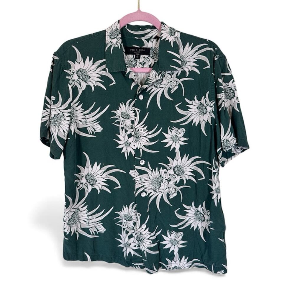 Rag & Bone Green Sunflower Print Button Down Shirt Womens S Short Sleeve Casual
